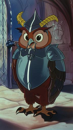 king arthur the horned owl the anthropomorphic cartoon is from camelot he is dressed like a shining suit of armor in a dvd screen grab of Walt Disney Studios, drawn by Walt Disney, animated by Walt Disney Productions, 1940 golden age of animation --ar 9:16 --v 6.0 --no closeup