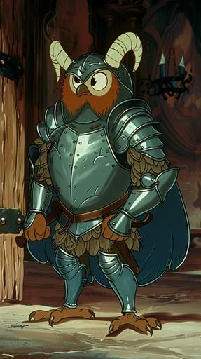 king arthur the horned owl the anthropomorphic cartoon is from camelot he is dressed like a shining suit of armor in a dvd screen grab of Walt Disney Studios, drawn by Walt Disney, animated by Walt Disney Productions, 1940 golden age of animation --ar 9:16 --v 6.0 --no closeup