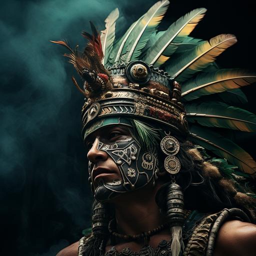 king of the jungle, Mayan, crown and mask, weapons, facial profile. Photo realistic, high contrast