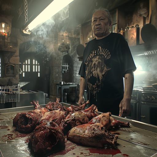 king of the kitchen serving meat bodies bbq, still from Lord of the Rings, realistic, detailed, volumetric lighting, scary, dark, beautiful, ominous, morbid--v.6