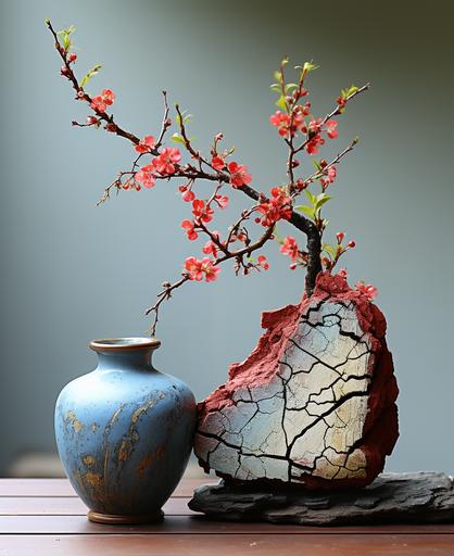 kintsugi basalt vase, colorful flowers, ikebana --ar 9:11 --c 70 --s 1000