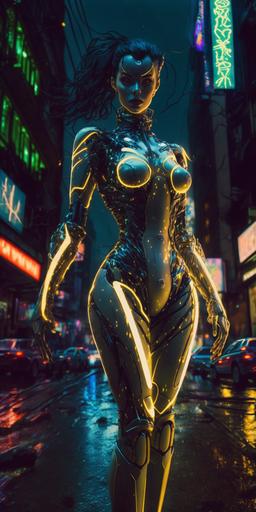 kintsugi cyborg super-model wearing skin-tight kintsugi bodysuit, wearing wedge-heel boots, kintsugi flowing hair, glowing eyes:: wet streets, chromatic neon signs, neo-tokyo --ar 1:2 --q 2 --v 4