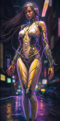 kintsugi cyborg super-model wearing skin-tight kintsugi bodysuit, wearing wedge-heel boots, kintsugi flowing hair, glowing eyes:: wet streets, chromatic neon signs, neo-tokyo --ar 1:2 --q 2 --v 4