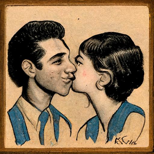 kissing booth, 1950s, line of girls to kiss elvis presly. focus on the kiss, in the style of robert crumb