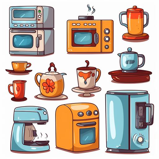 kitchen appliances, washing machine, dishwasher, microwave, airfryer, kettle, coffee machine, oven cartoon design stylish