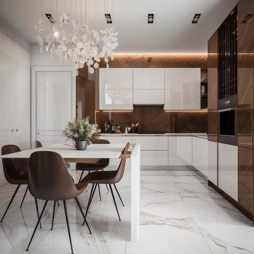 kitchen-dining room design, minimalistic design, white facades, smooth facades without unnecessary details, brown marble on the floor, built-in appliances, beautiful crystal chandelier, minimalism style --s 250 --v 5.0