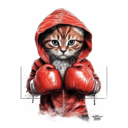 kitten - boxer, drawing, in the style of a poster, a formidable look, in boxing gloves and a T-shirt, in the ring
