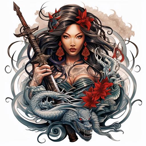 ed hardy, neo-traditional tattoo-style female figure of tan skin, south-east asian, Filipino, beautiful goddess, warrior, holding an exaggerated Kris sword