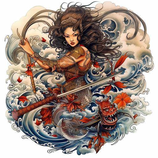 ed hardy, neo-traditional tattoo-style female figure of tan skin, south-east asian, Filipino, beautiful goddess, warrior, holding an exaggerated Kris sword