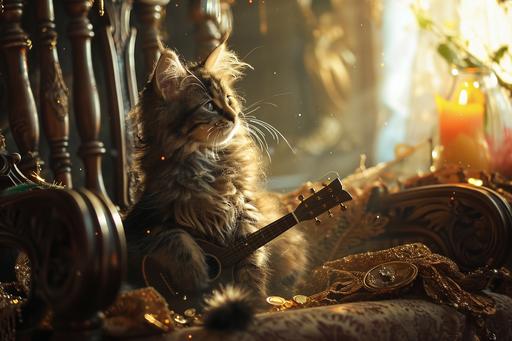 kitten-bard playing lute on the throne of God, shining sparkling, catcore --ar 3:2 --v 6.0