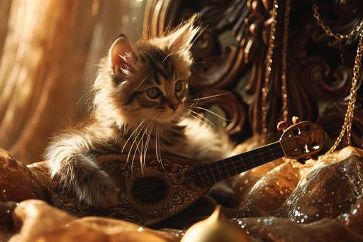 kitten-bard playing lute on the throne of God, shining sparkling, catcore --ar 3:2 --v 6.0