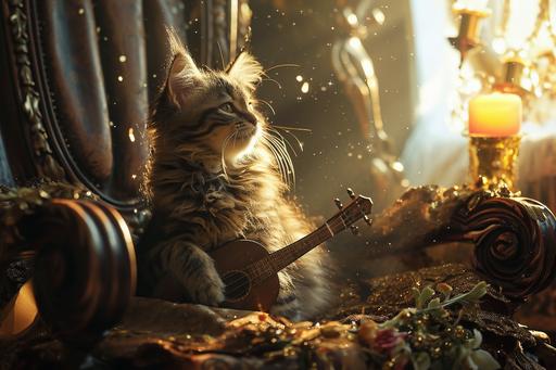 kitten-bard playing lute on the throne of God, shining sparkling, catcore --ar 3:2 --v 6.0