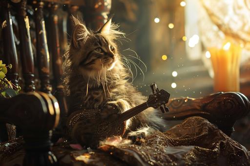 kitten-bard playing lute on the throne of God, shining sparkling, catcore --ar 3:2 --v 6.0