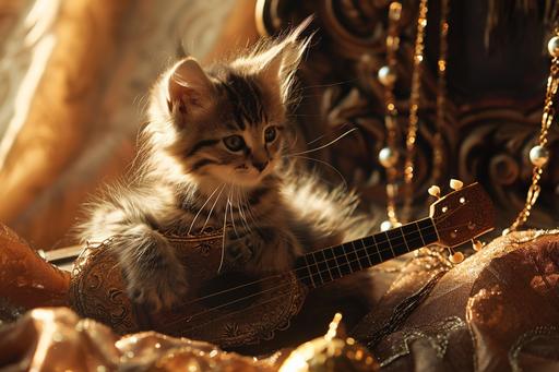 kitten-bard playing lute on the throne of God, shining sparkling, catcore --ar 3:2 --v 6.0