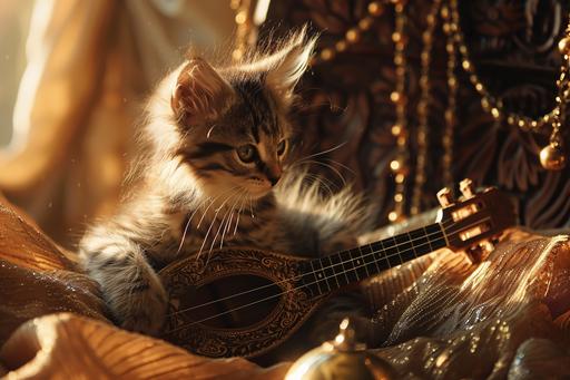 kitten-bard playing lute on the throne of God, shining sparkling, catcore --ar 3:2 --v 6.0