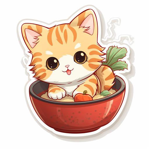 kitten eating ramen sticker, cartoon style