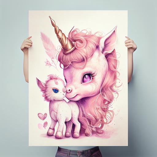 kitten, unicorn, pink, poster, friendship, fantasy style, drawing --q 2