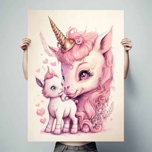 kitten, unicorn, pink, poster, friendship, fantasy style, drawing --q 2