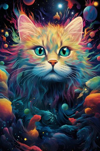kitty, bliss, chill vibes, imagined, in the style of fantasy worlds, epic hyper-detailed movie poster, candy colour palette --ar 2:3