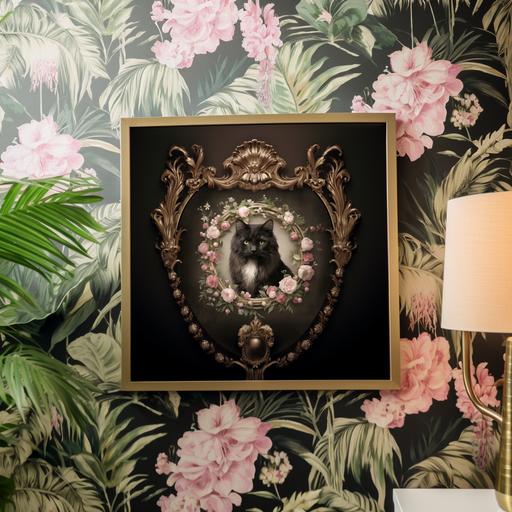 kitty image in an ornate gilded baroque picture frame on a wall with large tropical botanicals on black jacobean wallpaper --chaos 57 --ar 1:1