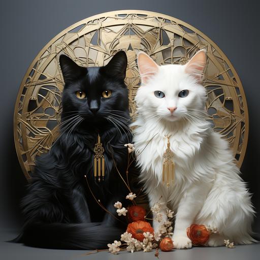 kitty (russian blue) and kitty(turkish van) ::they are curled up next to each other like a yin yang, one has dark grey blue fur the other white fur ::art deco, semiprecious stone and kintsugi mosiac. alcohol ink and invinitely voxelated quilling --s 750