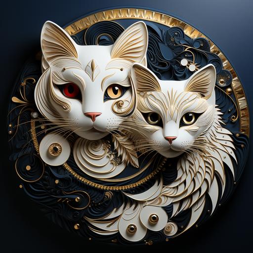 kitty (russian blue) and kitty(turkish van) ::they are curled up next to each other like a yin yang, one has dark grey blue fur the other white fur ::art deco, semiprecious stone and kintsugi mosiac. alcohol ink and invinitely voxelated quilling --s 750