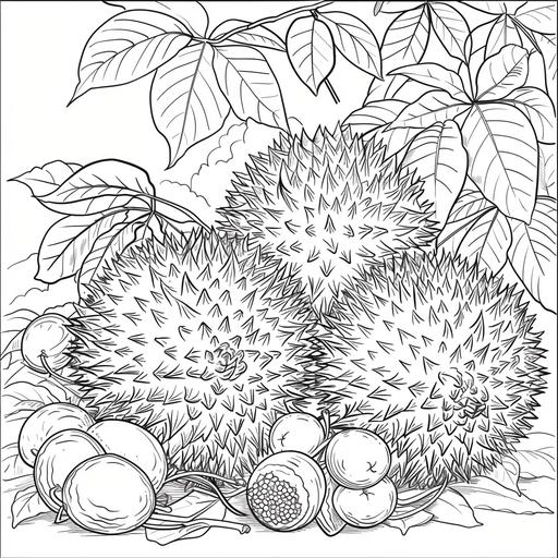 coloring page for the hobby, Rambutan, Kiwis, cartoon style, thick line, low details, no shading, with a background of the habitat, black and white ar 9:11