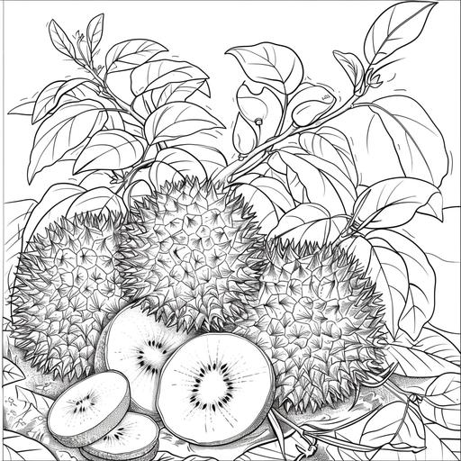 coloring page for the hobby, Rambutan, Kiwis, cartoon style, thick line, low details, no shading, with a background of the habitat, black and white ar 9:11