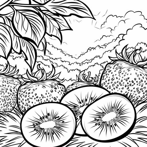 coloring page for the hobby, fruit, Kiwis, cartoon style, thick line, low details, no shading, with a background of the habitat, black and white ar 9:11