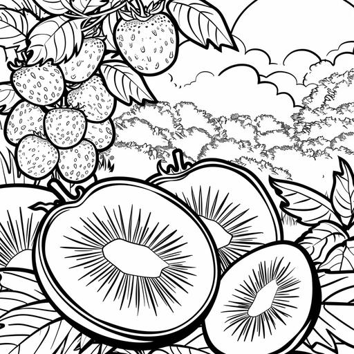 coloring page for the hobby, fruit, Kiwis, cartoon style, thick line, low details, no shading, with a background of the habitat, black and white ar 9:11