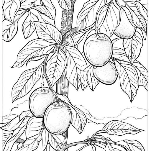coloring page for the hobby, fruit, Mangos, cartoon style, thick line, low details, no shading, with a background of the habitat, black and white ar 9:11