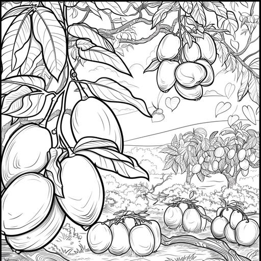 coloring page for the hobby, fruit, Mangos, cartoon style, thick line, low details, no shading, with a background of the habitat, black and white ar 9:11