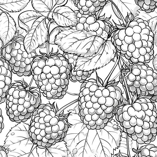 coloring page for the hobby, fruit, Raspberries, cartoon style, thick line, low details, no shading, with a background of the habitat, black and white ar 9:11