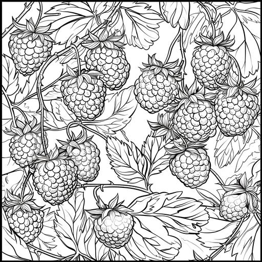 coloring page for the hobby, fruit, Raspberries, cartoon style, thick line, low details, no shading, with a background of the habitat, black and white ar 9:11
