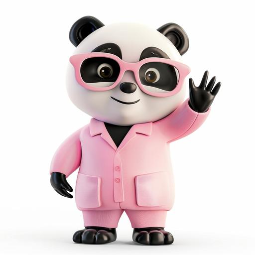 a geeky panda mascot for a GPT research assistant. The panda wears light pink clothes and glasses. It's friendly and waving goodbye, on white background