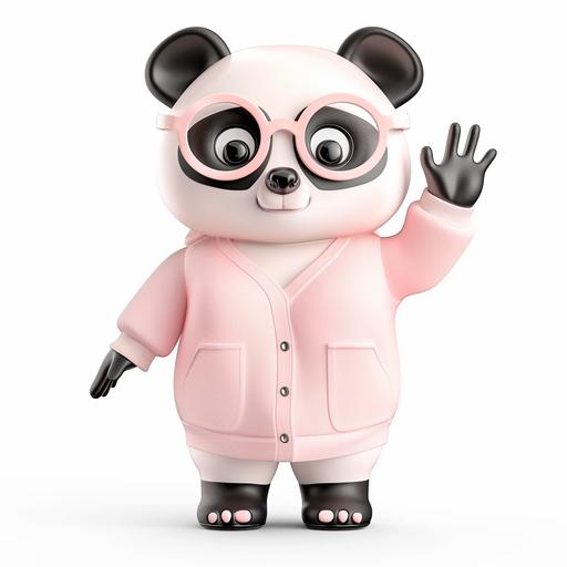 a geeky panda mascot for a GPT research assistant. The panda wears light pink clothes and light pink glasses. It's friendly and intelligent, waving goodbye, white background