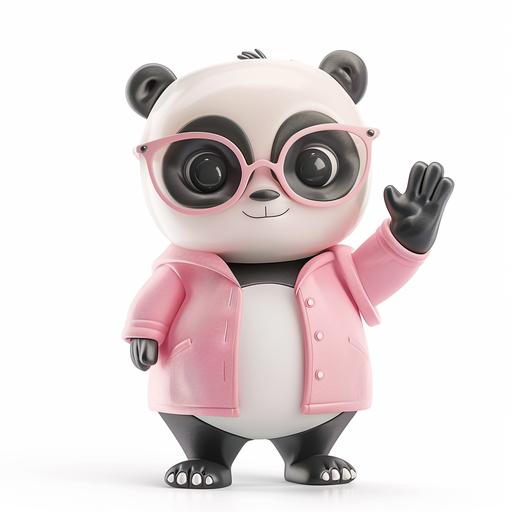 a geeky panda mascot for a GPT research assistant. The panda wears light pink clothes and glasses. It's friendly and intelligent, waving goodbye, white background