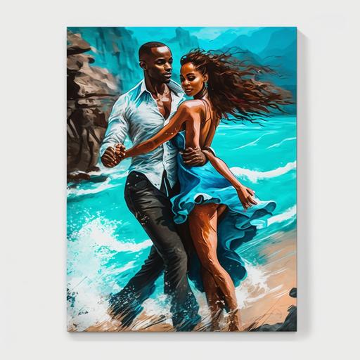 kizomba dance couple on the beautiful azure sea wave behind clifs