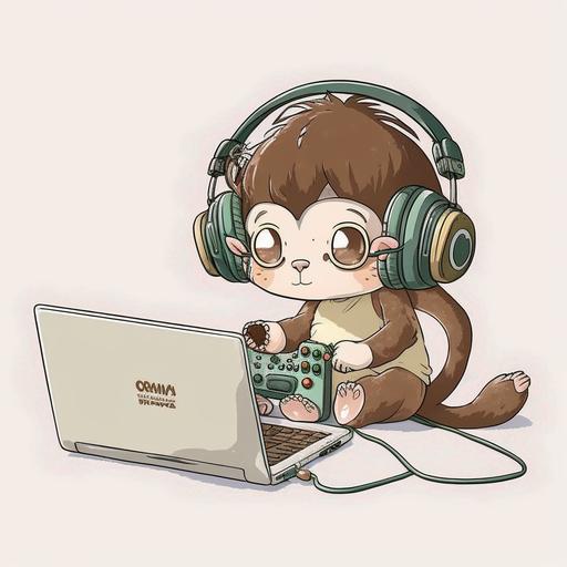 WHITE BACKGROUND, a Cute Monkey with headphones and a laptop, an illustration of, by Yuko Tatsushima, computer art, bilateral symmetry, cute illustration, panel --q 0.5 --v 4