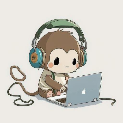 WHITE BACKGROUND, a Cute Monkey with headphones and a laptop, an illustration of, by Yuko Tatsushima, computer art, bilateral symmetry, cute illustration, panel --q 0.5 --v 4