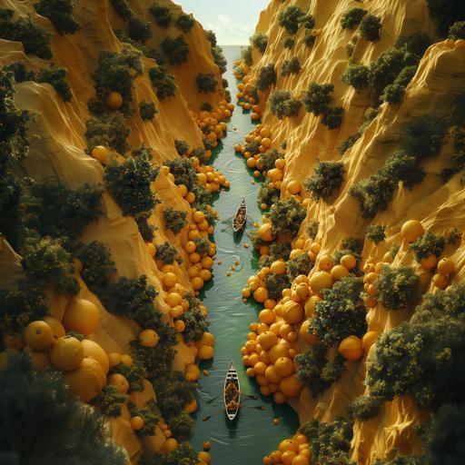 Aerial view, cover of a food ad showing a river formed by yellow yuzu citrus, flanked by mountains of ryellow yuzu citrus, several people rowing a boat in the river, yellows greens and whites, Natural light, advertising design poster, movie poster, macro, scene big porto, rendering 4d in film, texture based, visual details, cinematic lighting, 8k --v 6.0