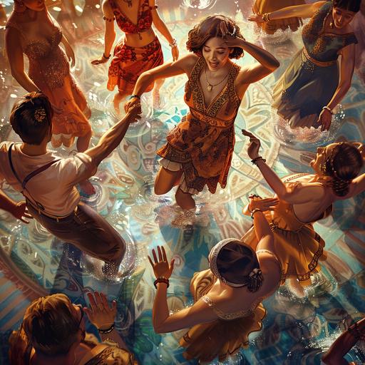 knee level shot, people dancing on water in a circle, wearing art deco clothing, hyper-realistic illustrations, 32k uhd, detailed background, druid-core