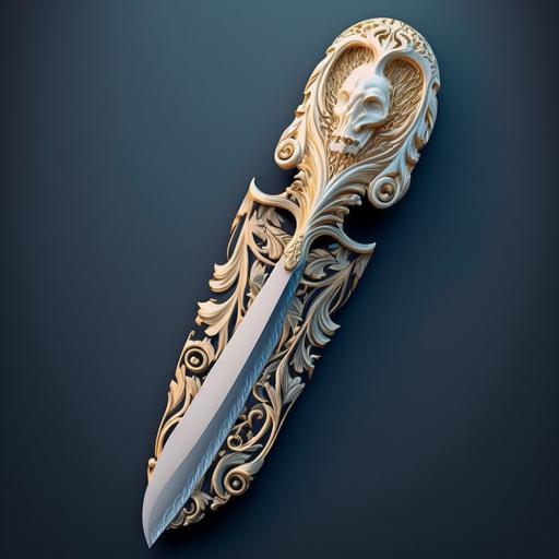 knife with bone carving knife handle, venus de millo super vilain, high quality, modern digital art, magic particules, energy particules, ray tracing,
