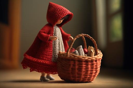 knitted Little Red Riding Hood with basket :highly detailed 16k: tilt-shift --ar 3:2