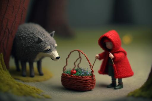 knitted Little Red Riding Hood with tiny basket and wolf : deep misty forest :highly detailed 16k: photoshot tilt-shift --ar 3:2