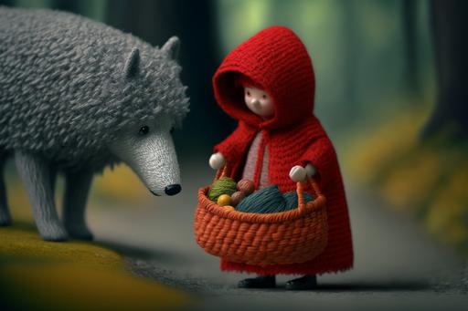 knitted Little Red Riding Hood with tiny basket and wolf : deep misty forest :highly detailed 16k: photoshot tilt-shift --ar 3:2