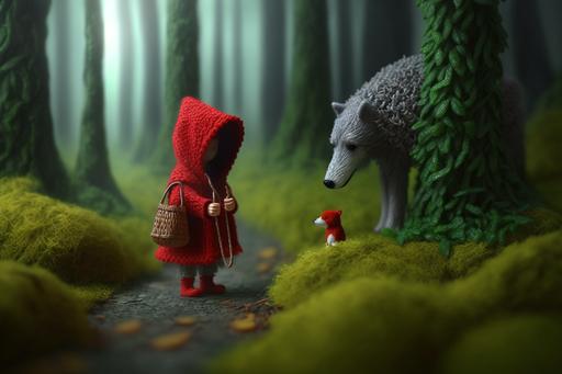 knitted Little Red Riding Hood with tiny basket and wolf : deep misty forest :highly detailed 16k: photoshot tilt-shift --ar 3:2