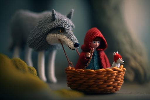 knitted Little Red Riding Hood with tiny basket and wolf : deep misty forest :highly detailed 16k: photoshot tilt-shift --ar 3:2