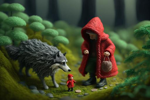 knitted Little Red Riding Hood with tiny basket and wolf : deep misty forest :highly detailed 16k: photoshot tilt-shift --ar 3:2