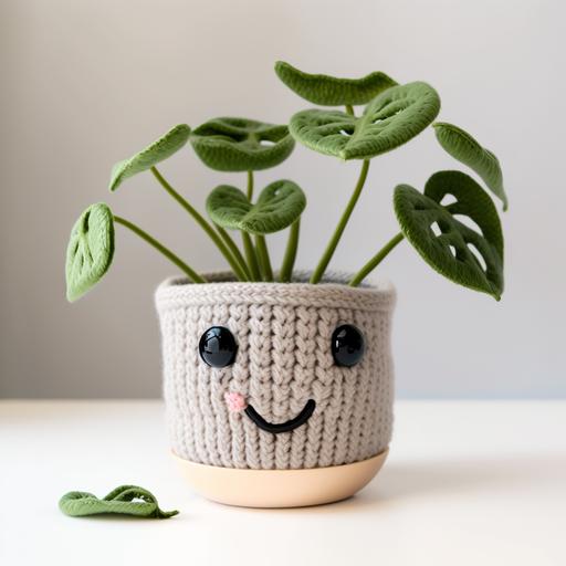 knitted potted monstera plant with a smiling face